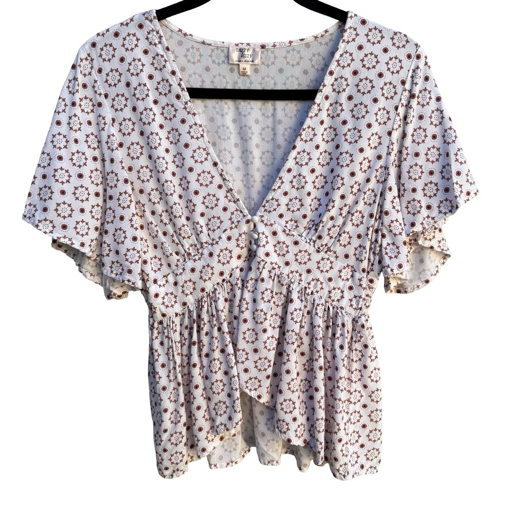 Dizzy Lizzy Boho Cottagecore Festival Ethereal Smocked Babydoll Peplum Shirt M